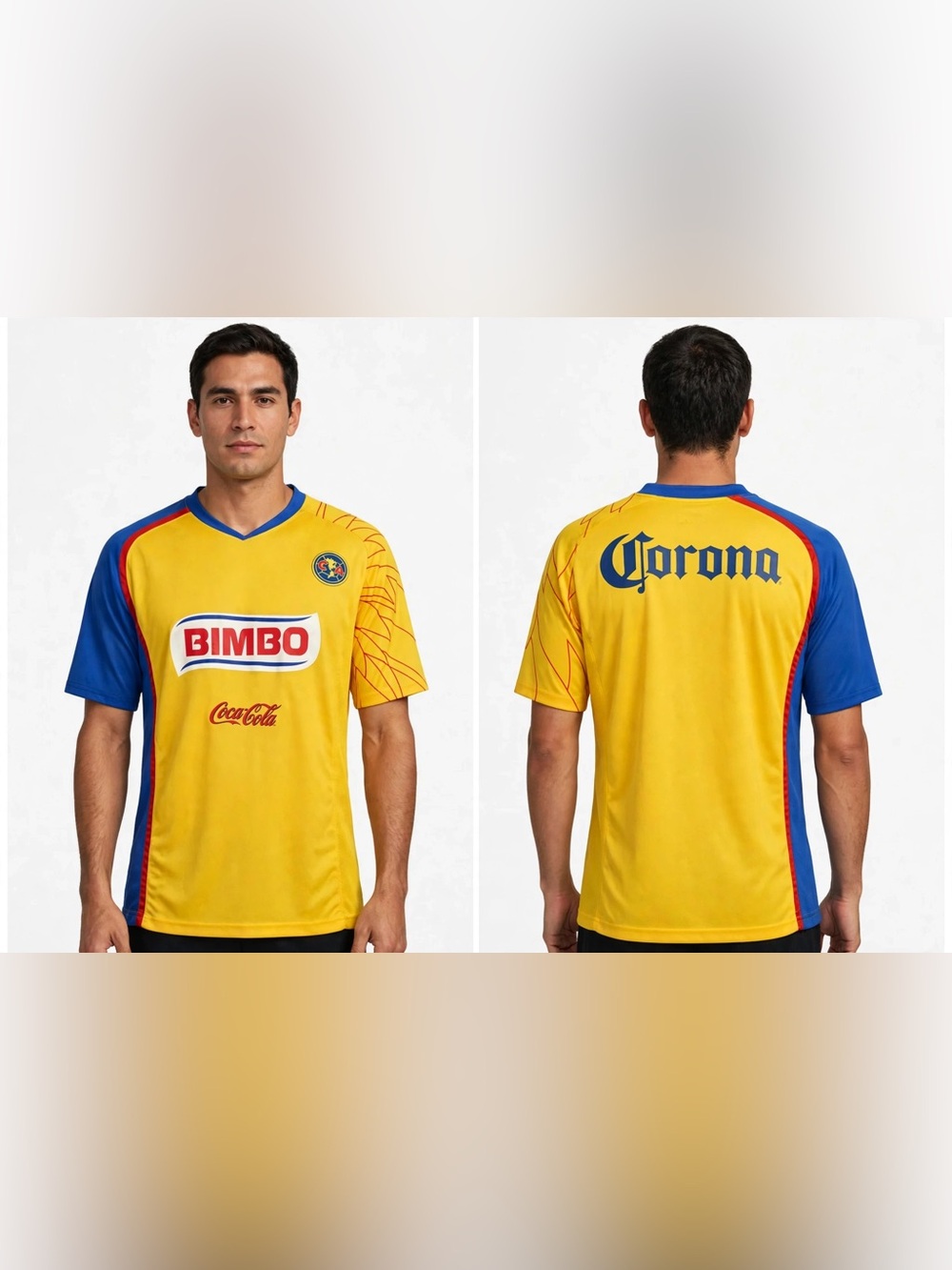 Club América Soccer Jersey Shirt Yellow/Blue/Red BIMBO Coca-Cola Corona Logos XL